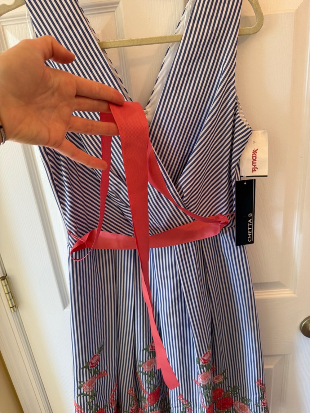 Blue and White Striped Sleeveless Dress with floral Accent - Picture 10 of 12